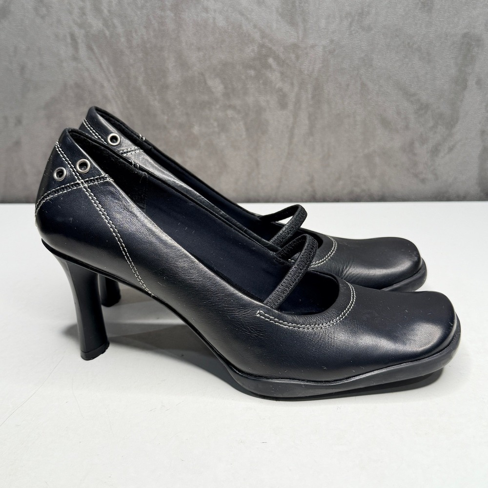 Nine West Mary Jane Pumps Womens 7 Black Leather Square Toe Contrast Stitch Y2K